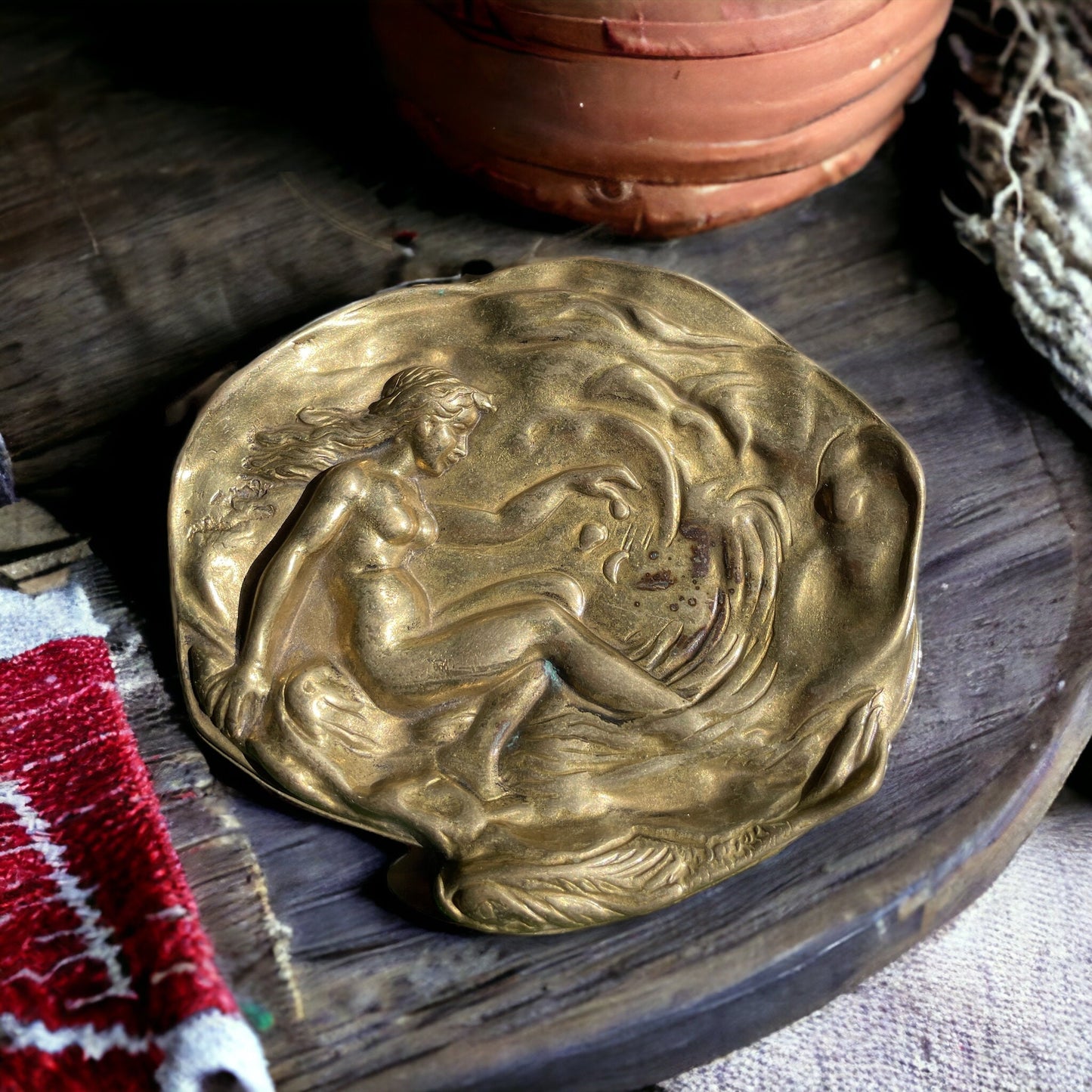 Vintage French Art Nouveau Figural Nude Mermaid Shell Solid Brass Trinket Change Dish