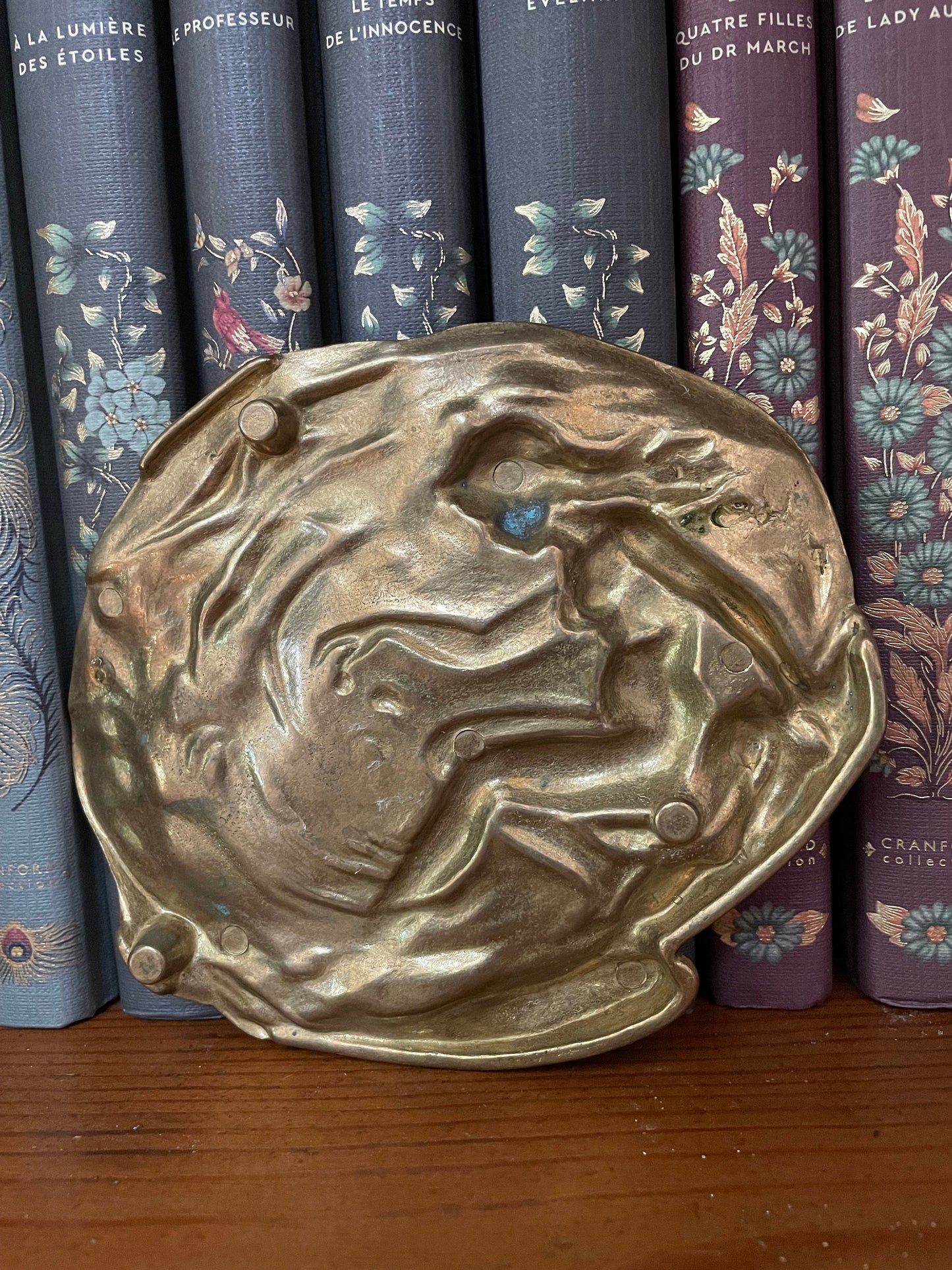 Vintage French Art Nouveau Figural Nude Mermaid Shell Solid Brass Trinket Change Dish