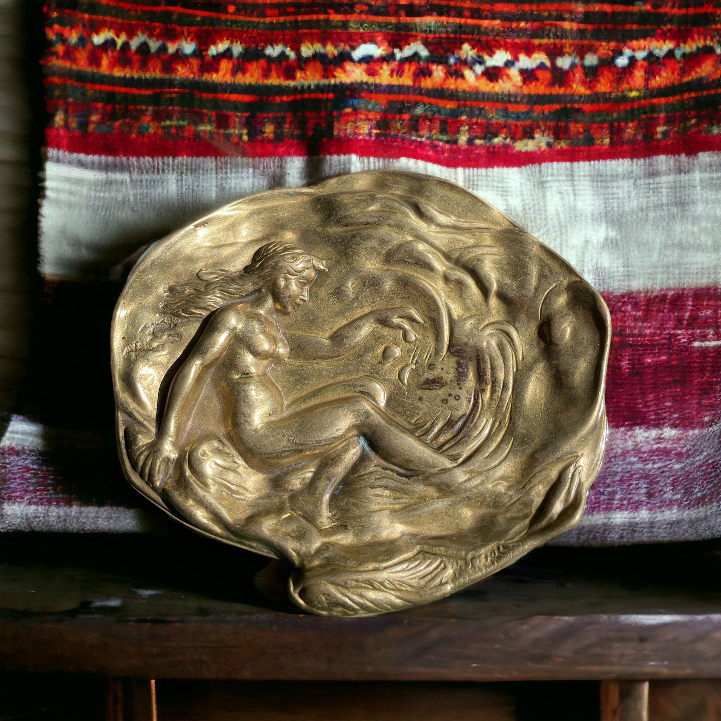 Vintage French Art Nouveau Figural Nude Mermaid Shell Solid Brass Trinket Change Dish