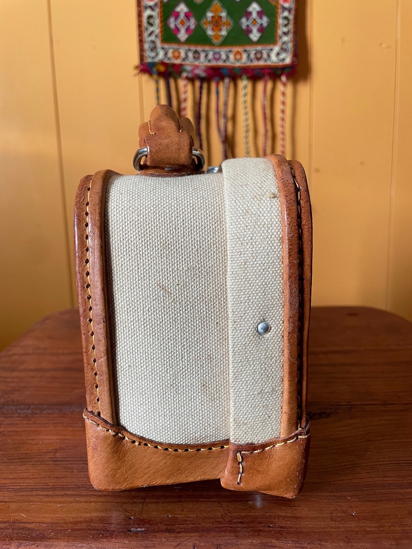 Vintage French Linen And Leather Suitcase Bag, Top Handle French Purse, Linen And Leather Small Suitcase, Doll Suitcase, Child Suitcase