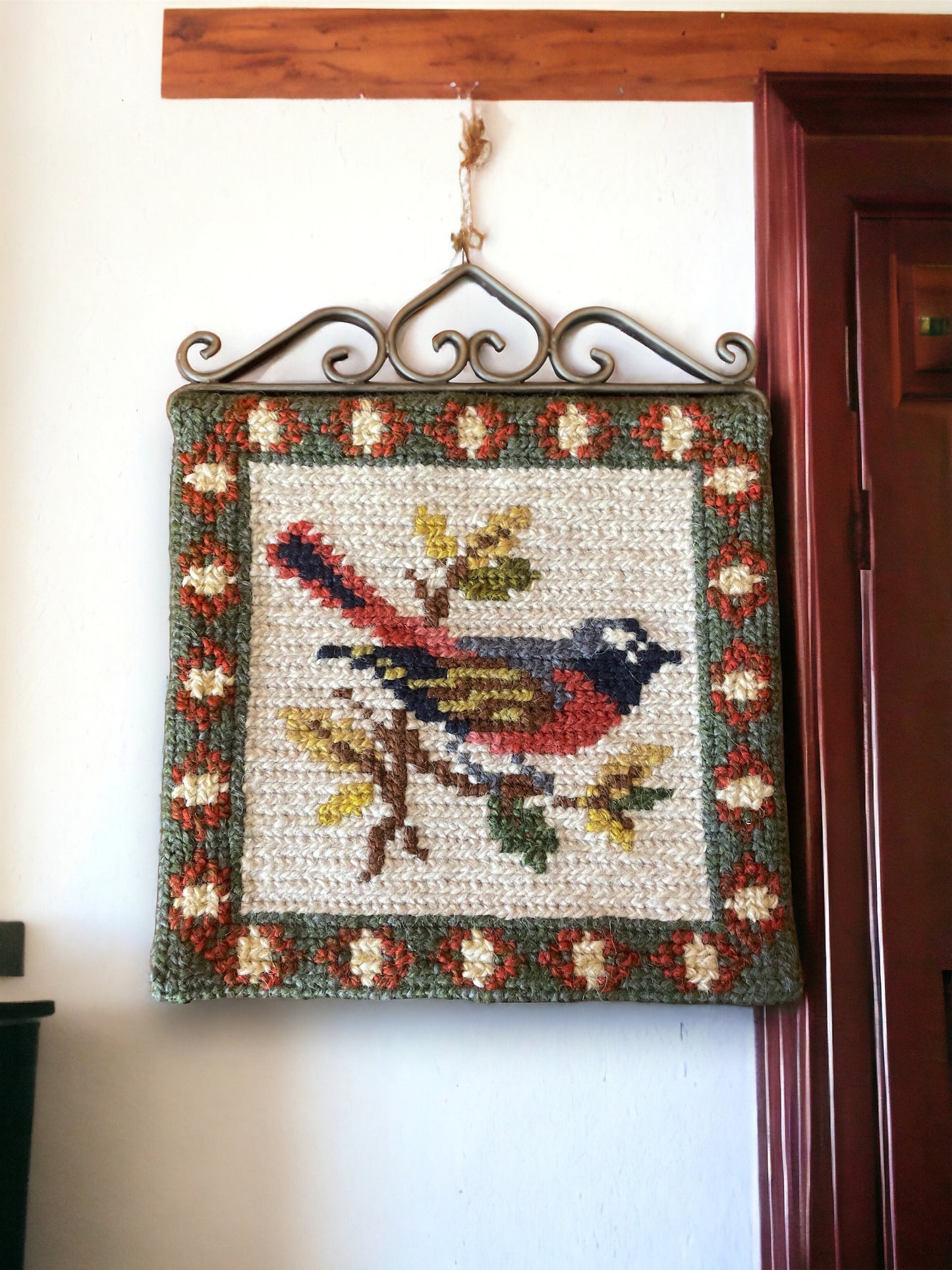 Green Embroidered Needlepoint Scandinavian Decorative Bird Tapestry, Bird Wall Hanging Swedish Folk Art Embroidery, Farmhouse Decor