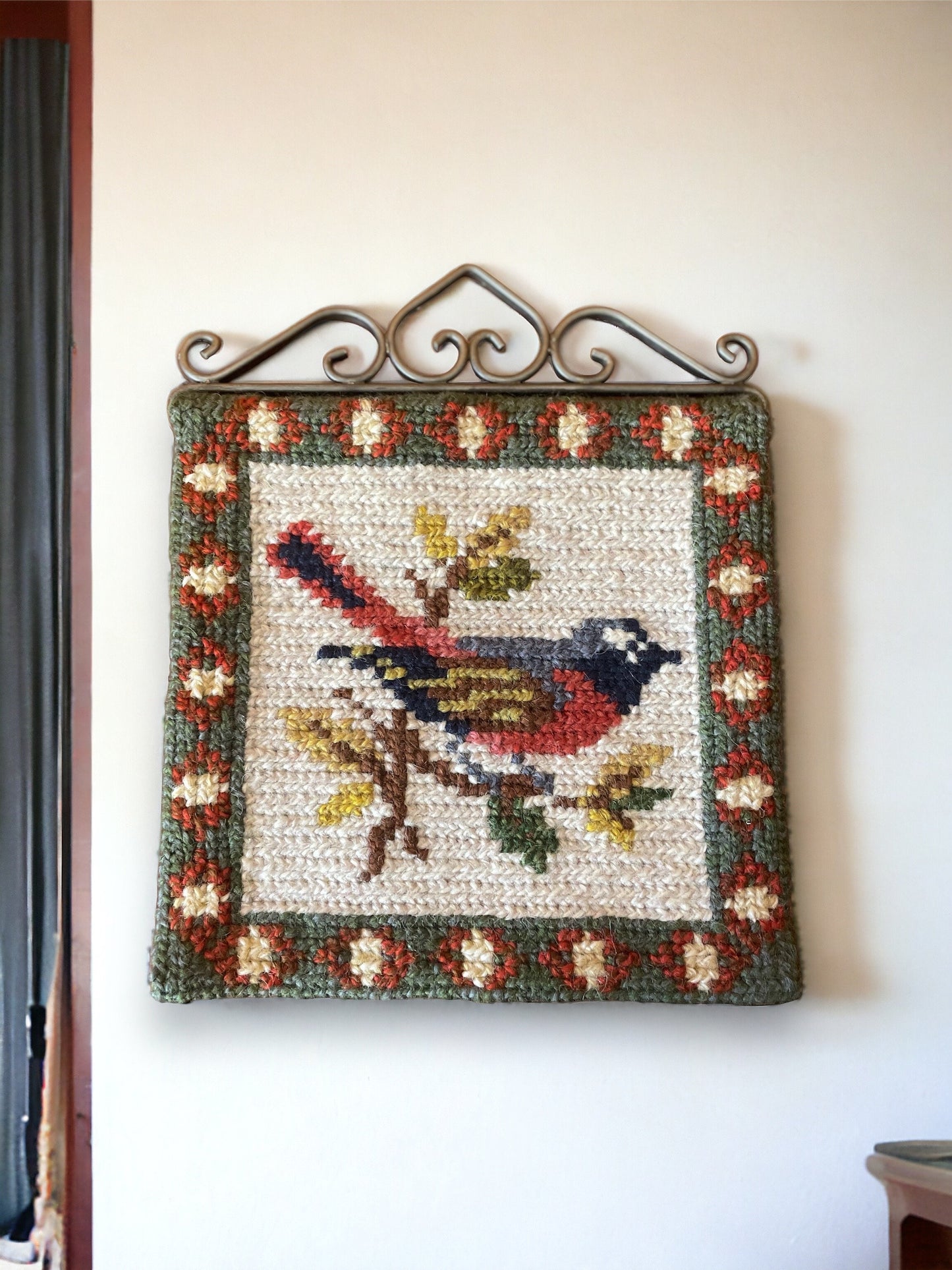 Green Embroidered Needlepoint Scandinavian Decorative Bird Tapestry, Bird Wall Hanging Swedish Folk Art Embroidery, Farmhouse Decor