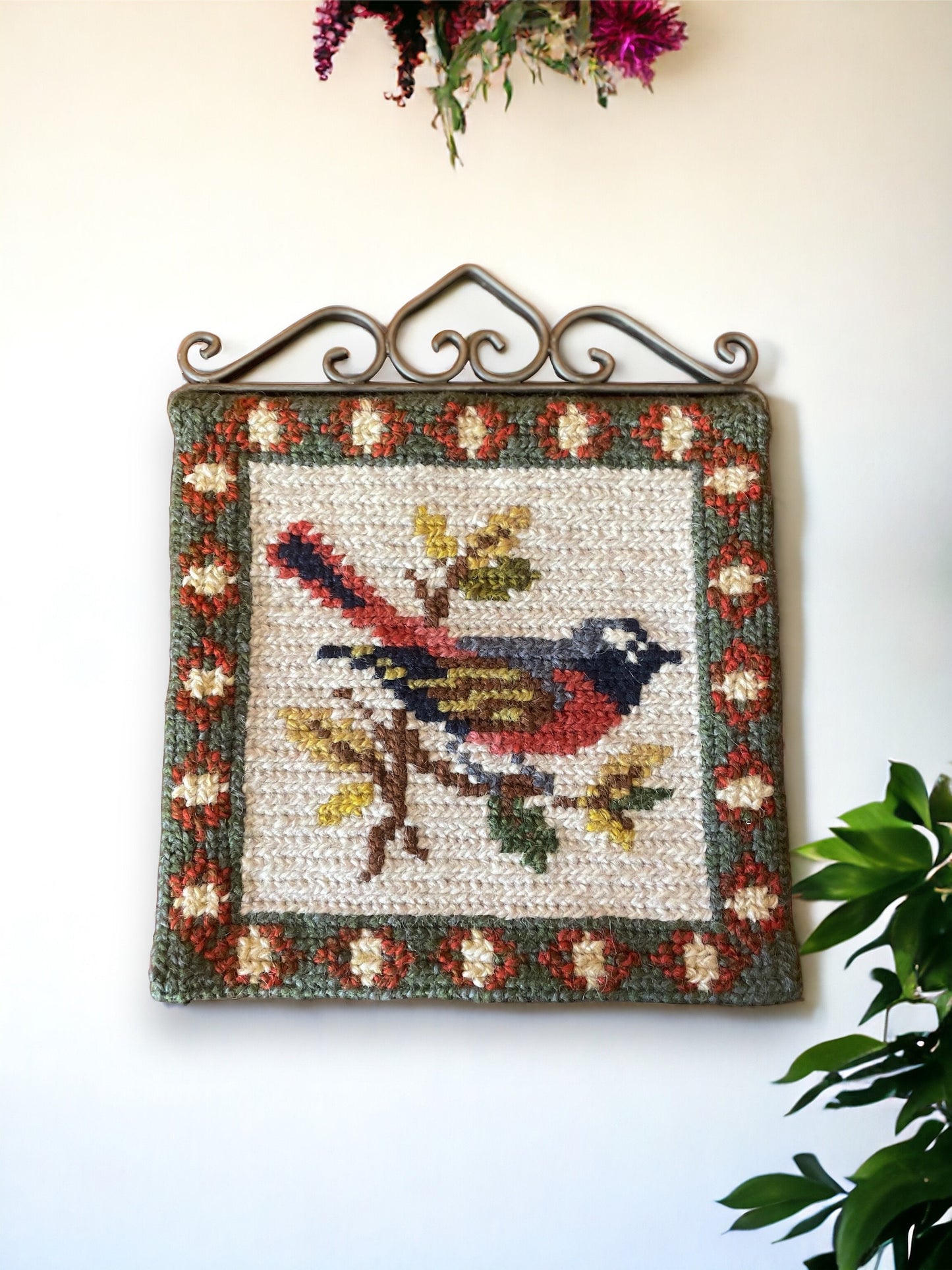 Green Embroidered Needlepoint Scandinavian Decorative Bird Tapestry, Bird Wall Hanging Swedish Folk Art Embroidery, Farmhouse Decor