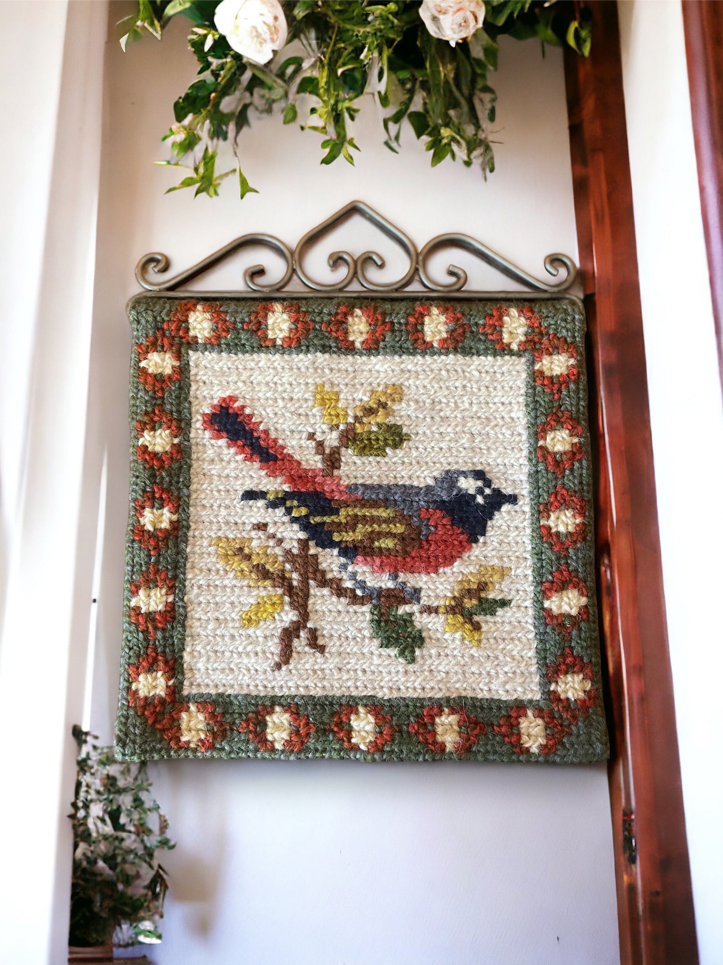 Green Embroidered Needlepoint Scandinavian Decorative Bird Tapestry, Bird Wall Hanging Swedish Folk Art Embroidery, Farmhouse Decor