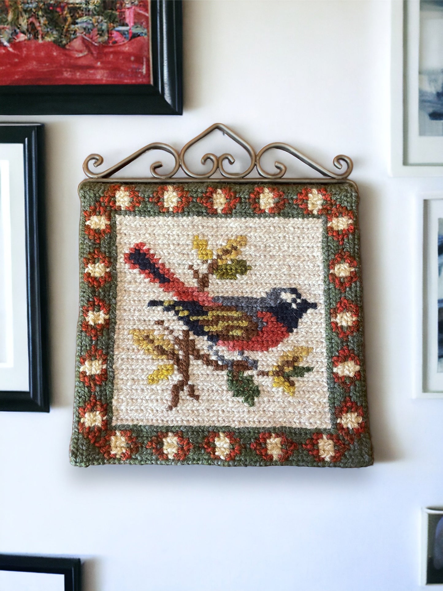 Green Embroidered Needlepoint Scandinavian Decorative Bird Tapestry, Bird Wall Hanging Swedish Folk Art Embroidery, Farmhouse Decor