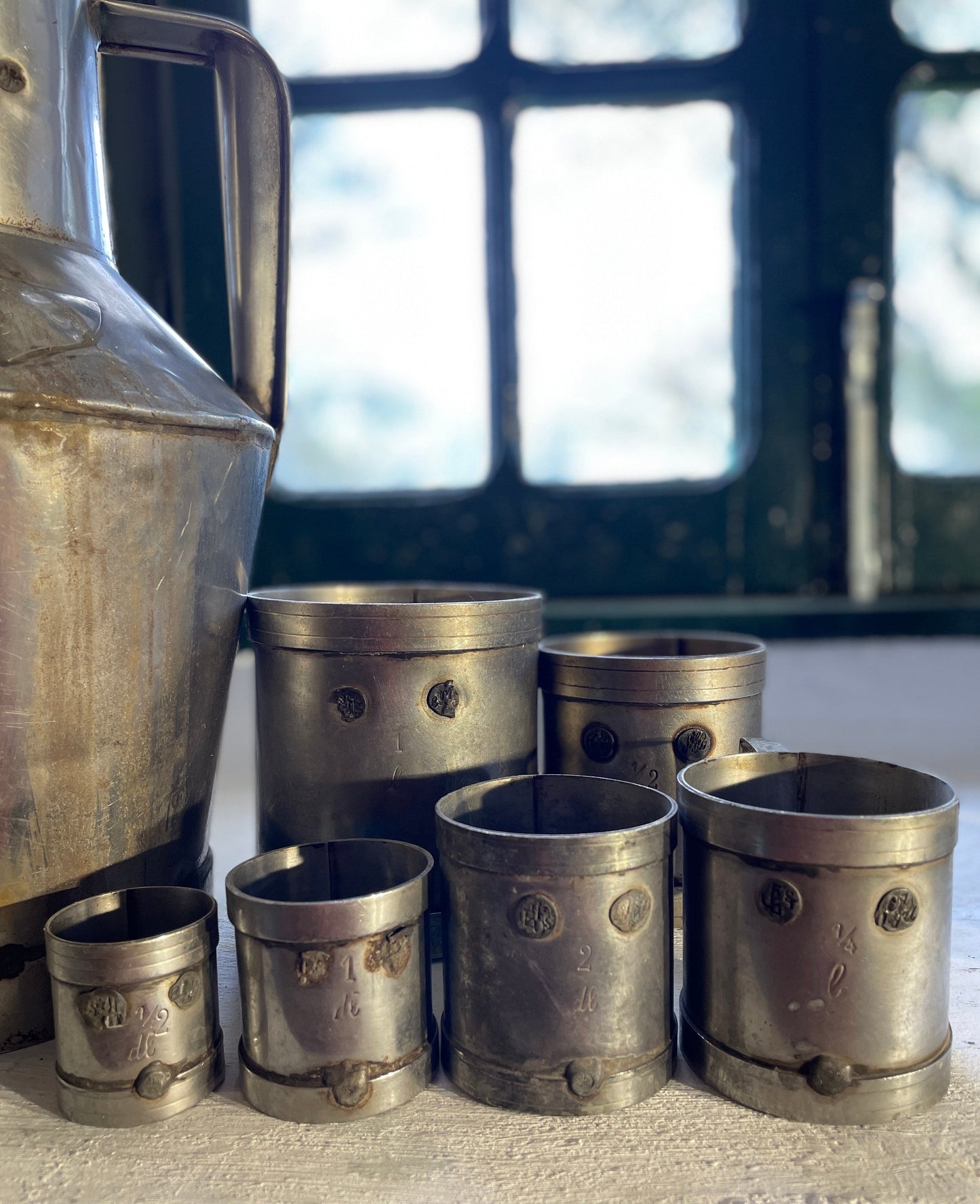 Antique Set Of 7 Metal Measuring Cups Authentic European Farmhouse Decor