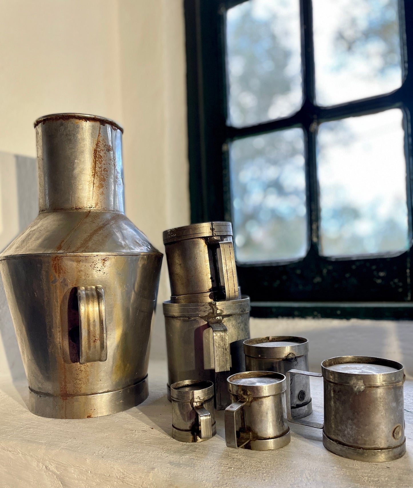 Antique Set Of 7 Metal Measuring Cups Authentic European Farmhouse Decor
