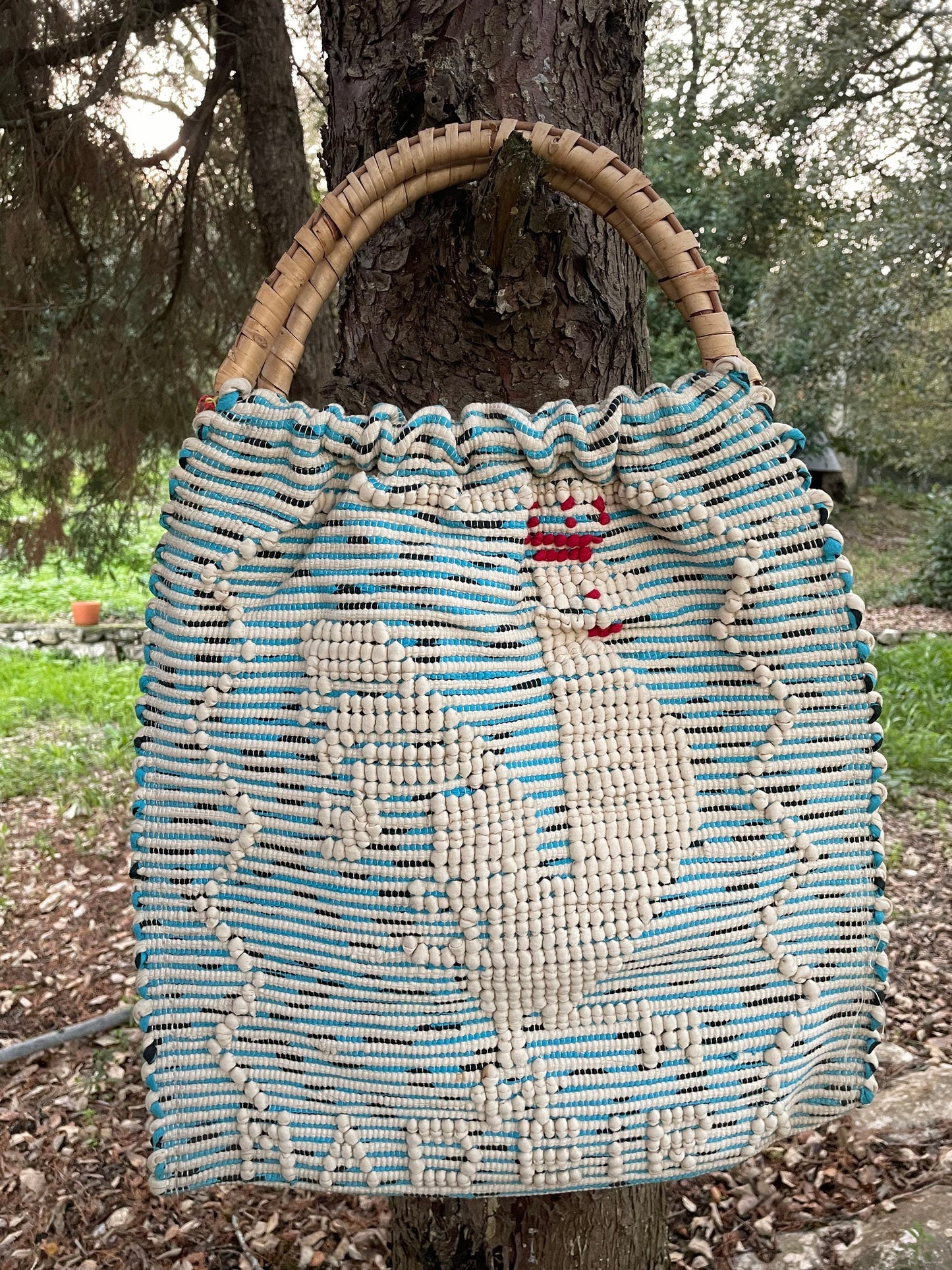 Vintage Portuguese Handwoven Rooster Madeira Bag With Rattan Handles, Vintage Portuguese Textile, Madeira Souvenir