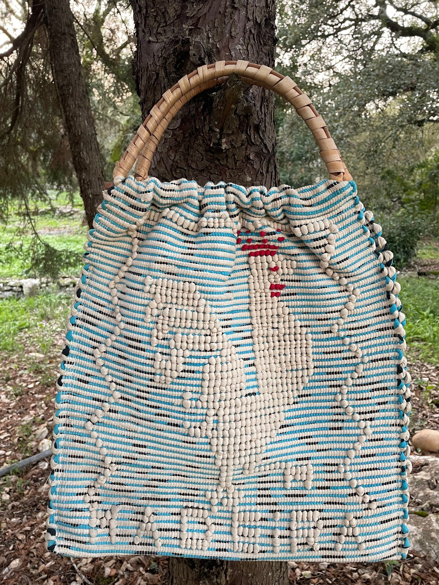 Vintage Portuguese Handwoven Rooster Madeira Bag With Rattan Handles, Vintage Portuguese Textile, Madeira Souvenir