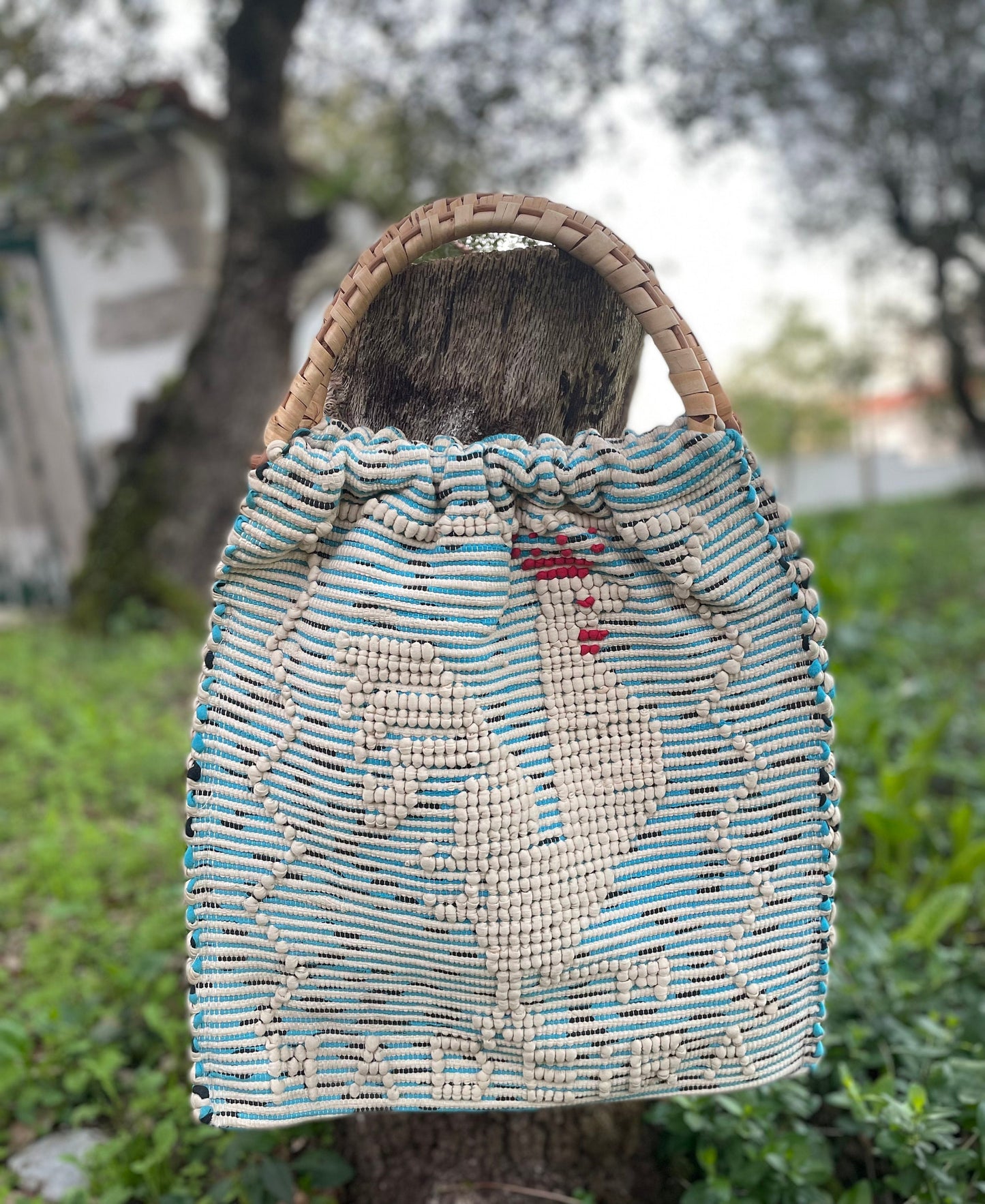 Vintage Portuguese Handwoven Rooster Madeira Bag With Rattan Handles, Vintage Portuguese Textile, Madeira Souvenir