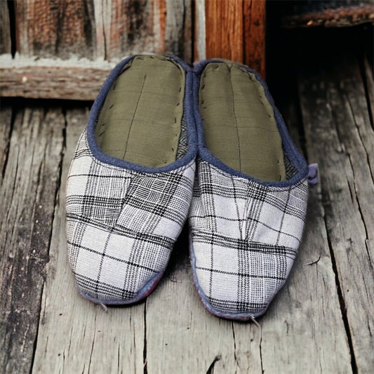 Handmade Recycled Portuguese Slippers, Unisex Fabric Slippers, Gray Plaid Slippers, Farmhouse Slippers