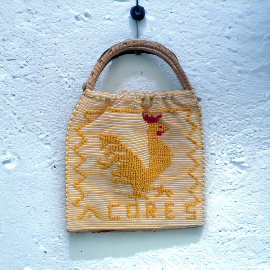 Vintage Handwoven Portuguese Rooster Azores Bag With Rattan Handles, Old Portuguese Rattan Bag, Vintage Portuguese Textile, Azores Souvenir