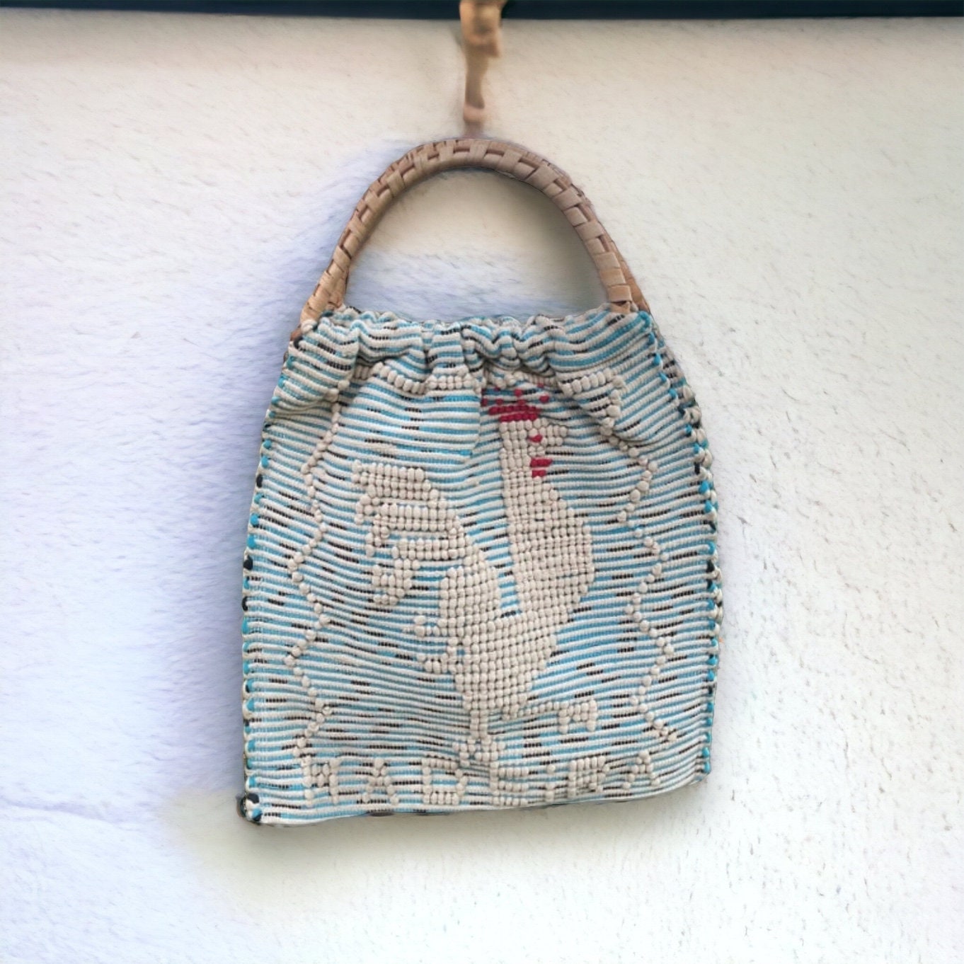 Vintage Portuguese Handwoven Rooster Madeira Bag With Rattan Handles, Vintage Portuguese Textile, Madeira Souvenir