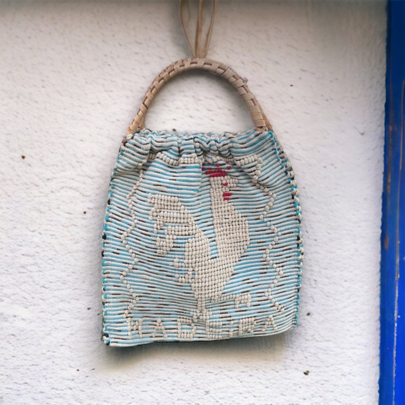 Vintage Portuguese Handwoven Rooster Madeira Bag With Rattan Handles, Vintage Portuguese Textile, Madeira Souvenir