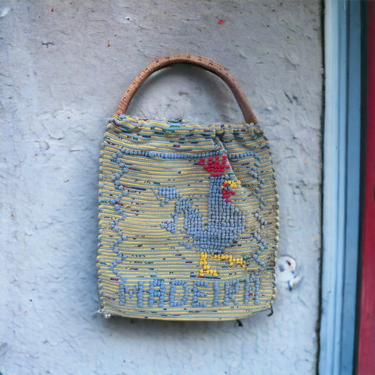 Handwoven Portuguese Rooster Madeira Bag With Rattan Handles, Vintage Portuguese Textile, Madeira Souvenir