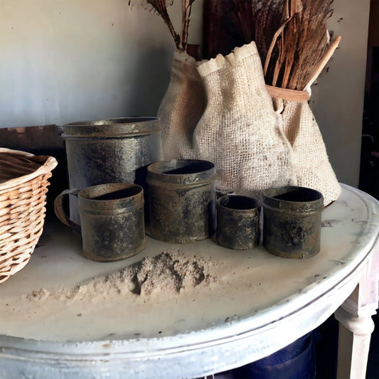 Vintage Set Of 5 Metal Measuring Cups Authentic European Farmhouse Decor