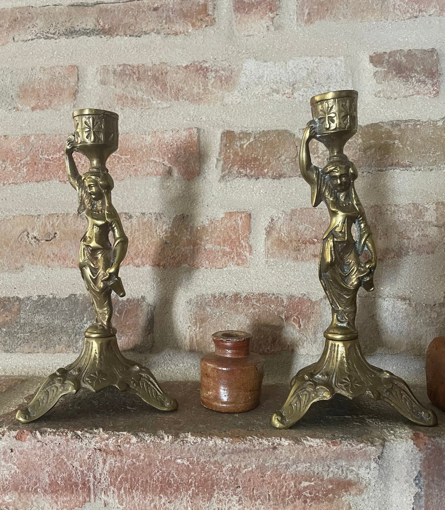 Antique French Pair Of Brass Candlesticks Holders, Old French Matching Pair Of Brass Candlesticks Holders