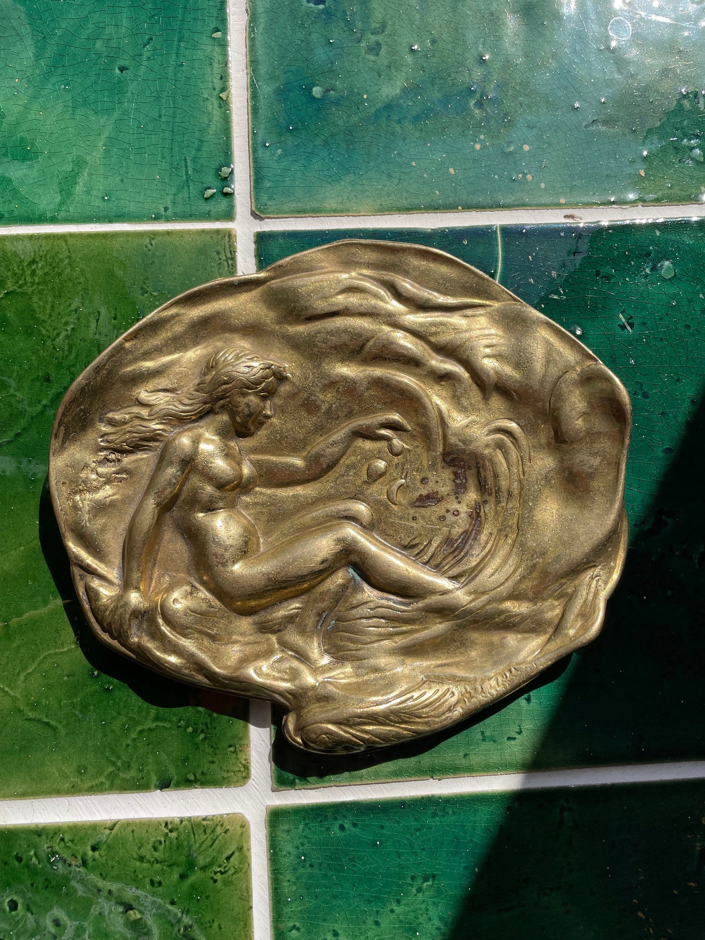 Vintage French Art Nouveau Figural Nude Mermaid Shell Solid Brass Trinket Change Dish 