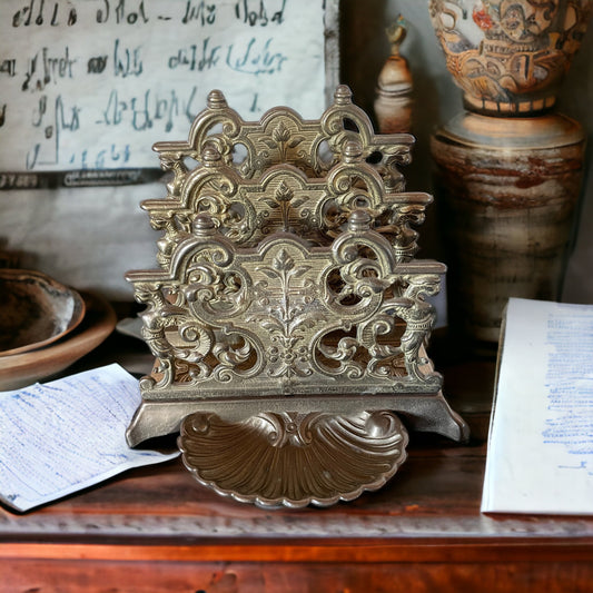 Antique French Art Déco Brass Letter Holder, French Brass Book Holder, French Brass Desk Decor, Gift For Dad