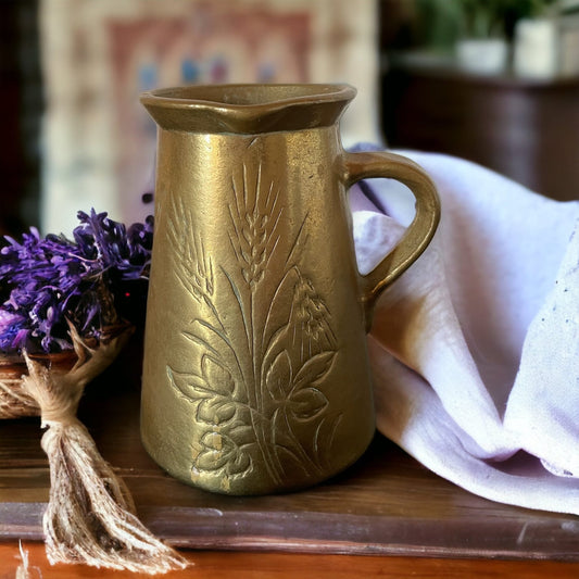 Vintage French Brass Vase Pitcher With Flower Design, Old French Solid Brass Pitcher, French Brass Vase, French Farmhouse Decor