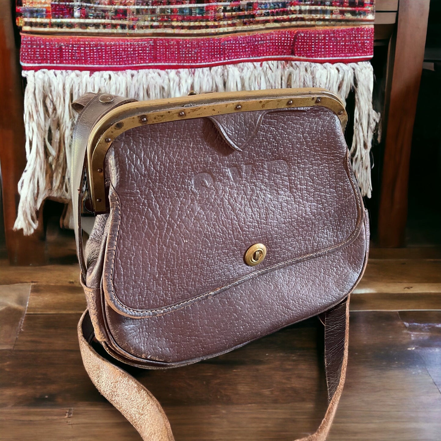 Vintage French Railroad Brown Leather Bag, Messenger Leather Bag With Brass Frame, Old French Shoulder Bag, Leather Postal Bag