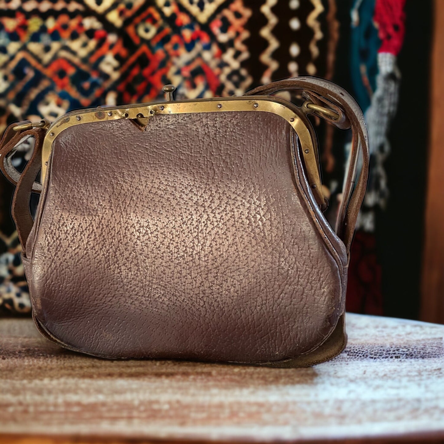 Vintage French Railroad Brown Leather Bag, Messenger Leather Bag With Brass Frame, Old French Shoulder Bag, Leather Postal Bag