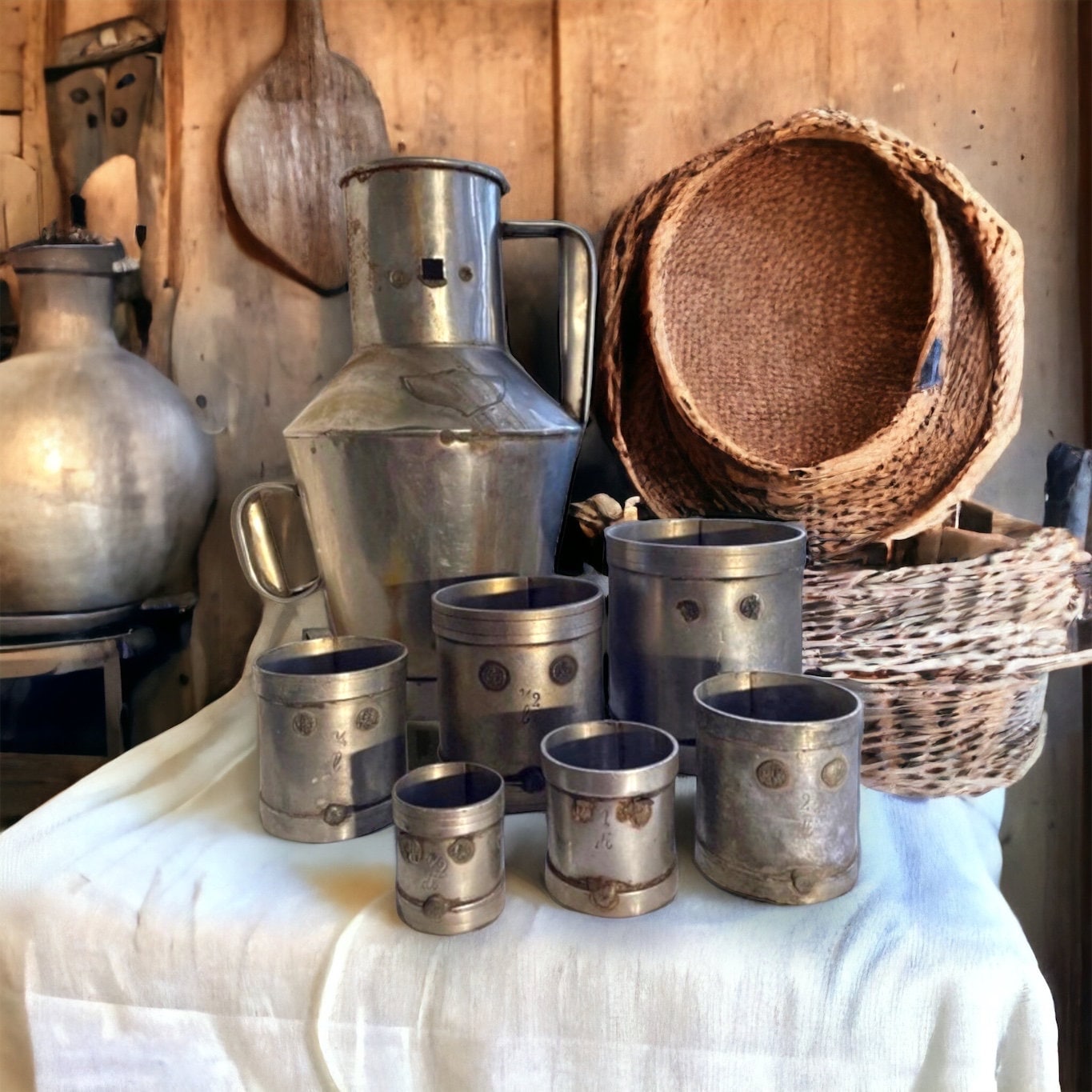 Antique Set Of 7 Metal Measuring Cups Authentic European Farmhouse Decor