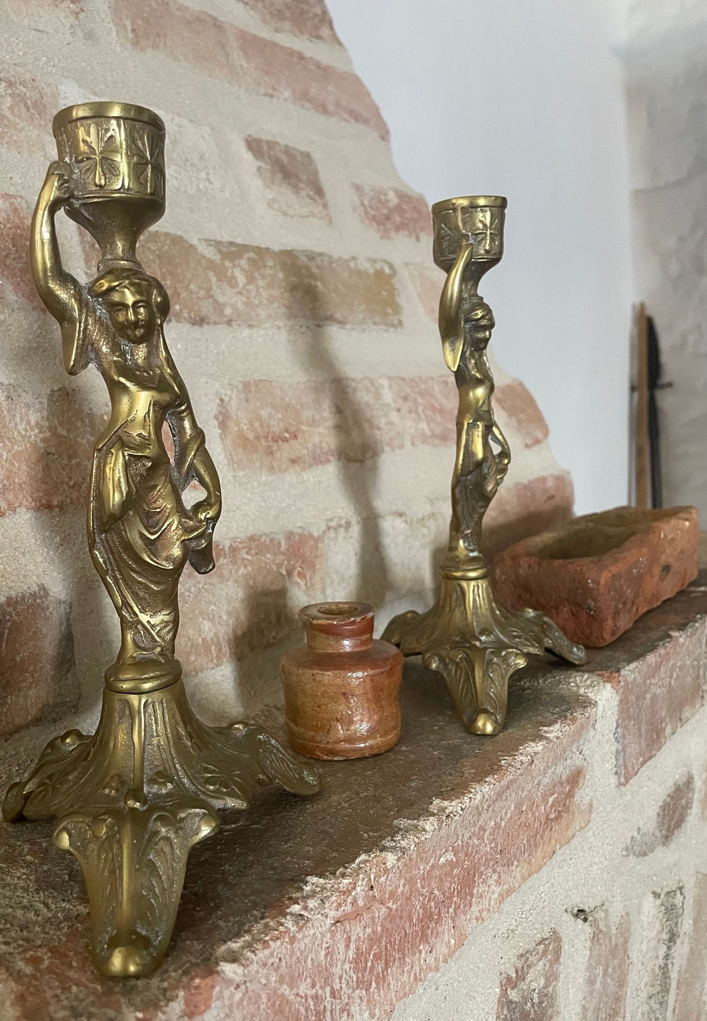 Antique French Pair Of Brass Candlesticks Holders, Old French Matching Pair Of Brass Candlesticks Holders