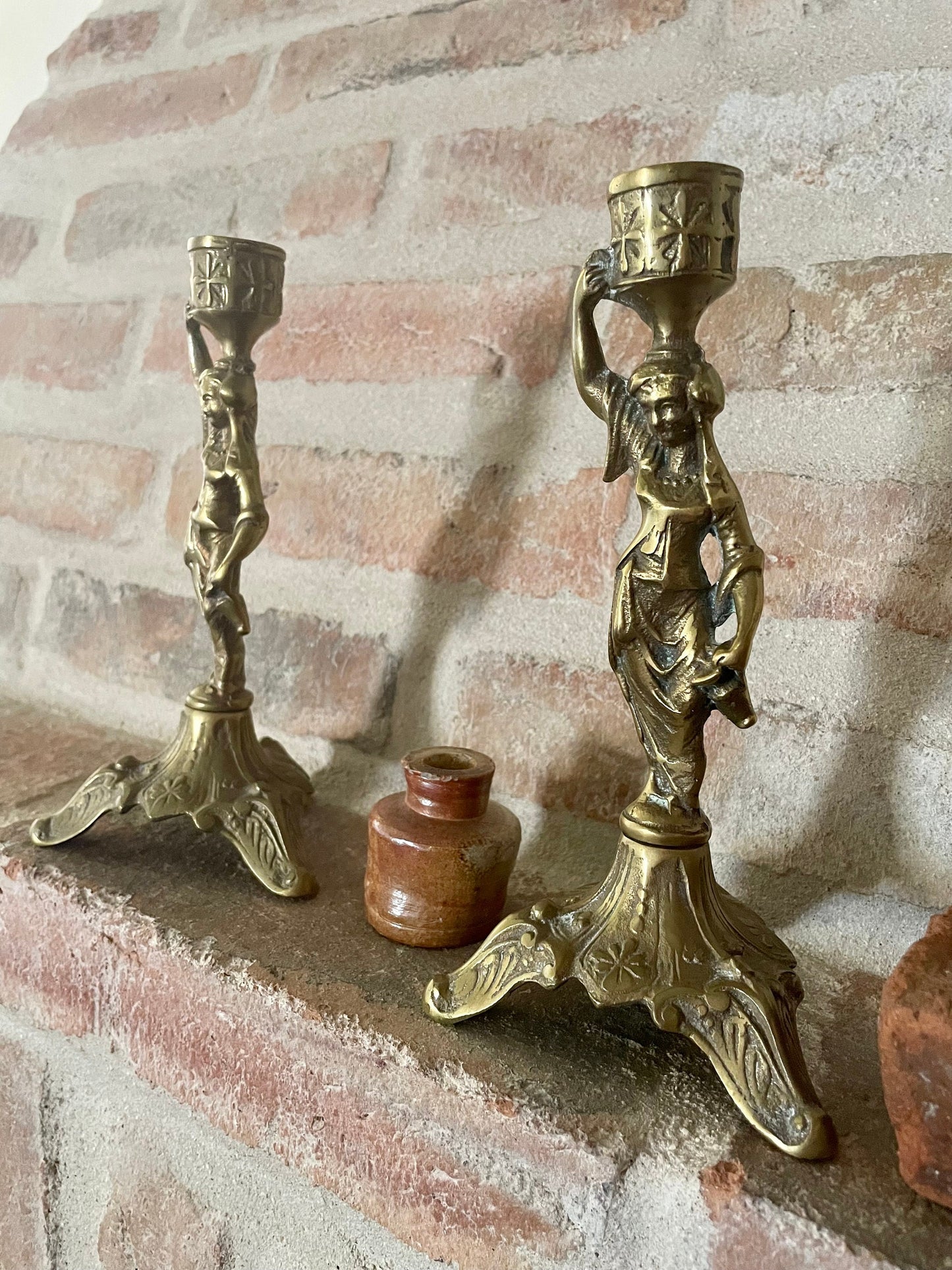 Antique French Pair Of Brass Candlesticks Holders, Old French Matching Pair Of Brass Candlesticks Holders