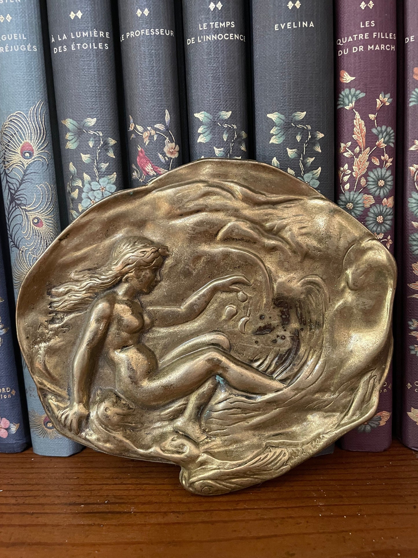 Vintage French Art Nouveau Figural Nude Mermaid Shell Solid Brass Trinket Change Dish 