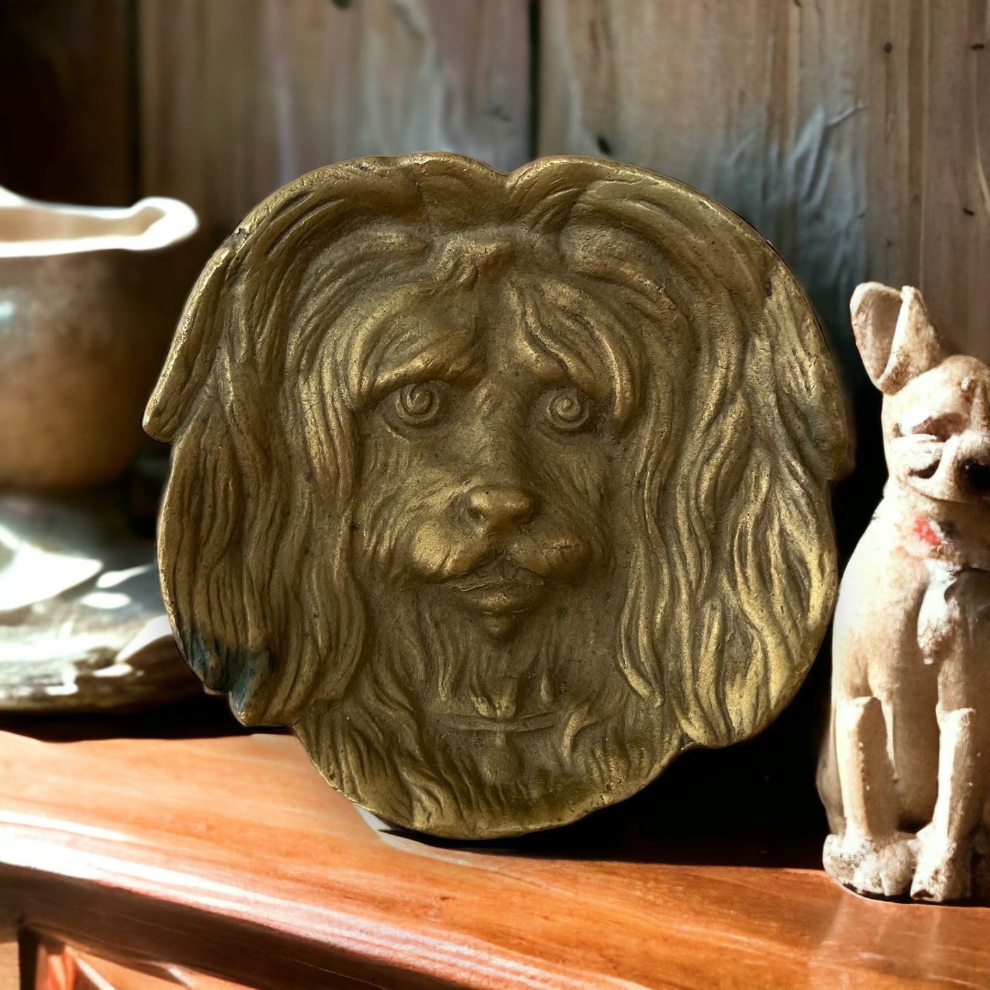 Vintage French Dog Face Solid Brass Ashtray Trinket Change Dish 