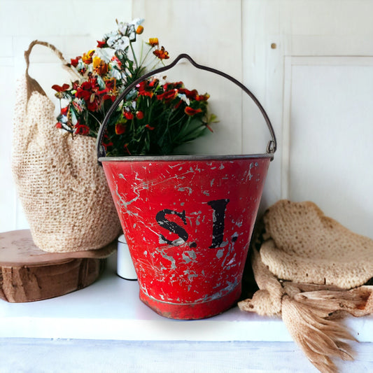 Antique French Red Metal Fire Bucket, Old French Galvanized Sand Fire Bucket, French Garden Pail, French Farmhouse Rustic Decor