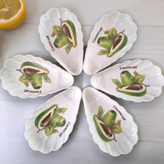 Vintage French Set Of 6 Pottery Avocado Dishes Plates By L'Hirondelle Pottery, Pear Shapes Plates Dishes, Guacamole Serving Dishes