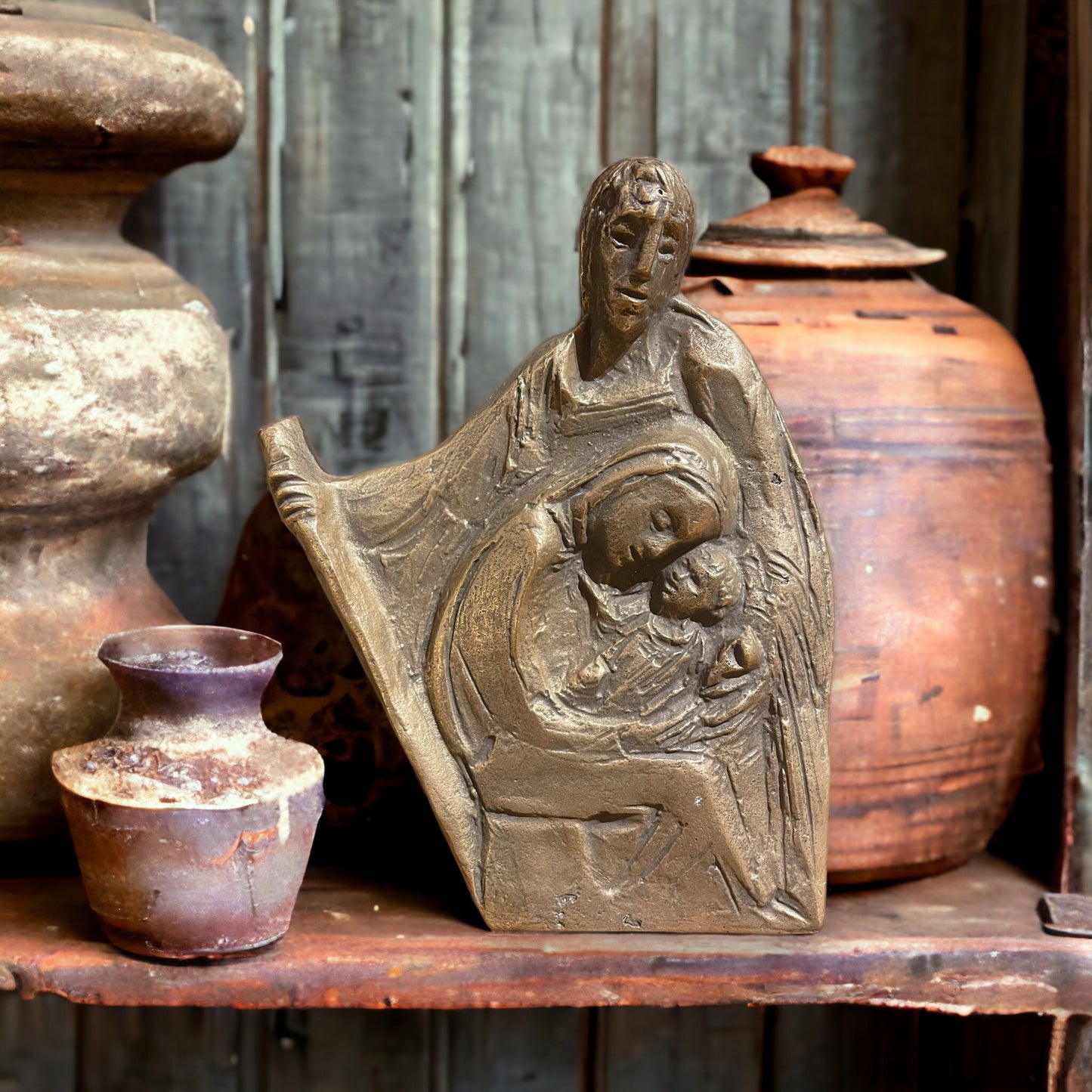 Vintage Bronze Relief "Holy Family" By Sculptor Joseph Krautwald, Religious Art, Vintage Bronze Religion Relic