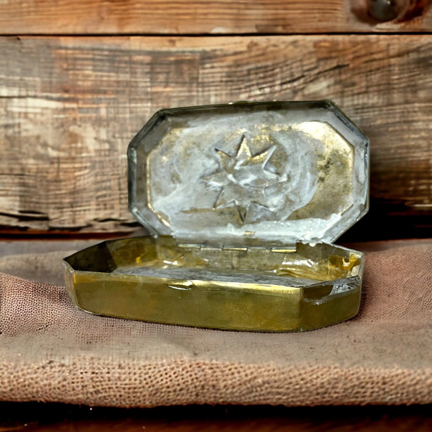 Antique French Brass Tobacco Box With Star On The Lid, Antique French Brass Snuffbox Tobacco Box