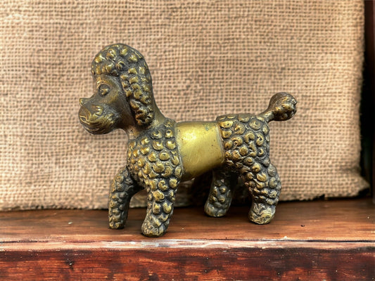 Antique French Brass Poodle Dog Figurine, Heavy Cast Solid Brass Poodle Dog Statue