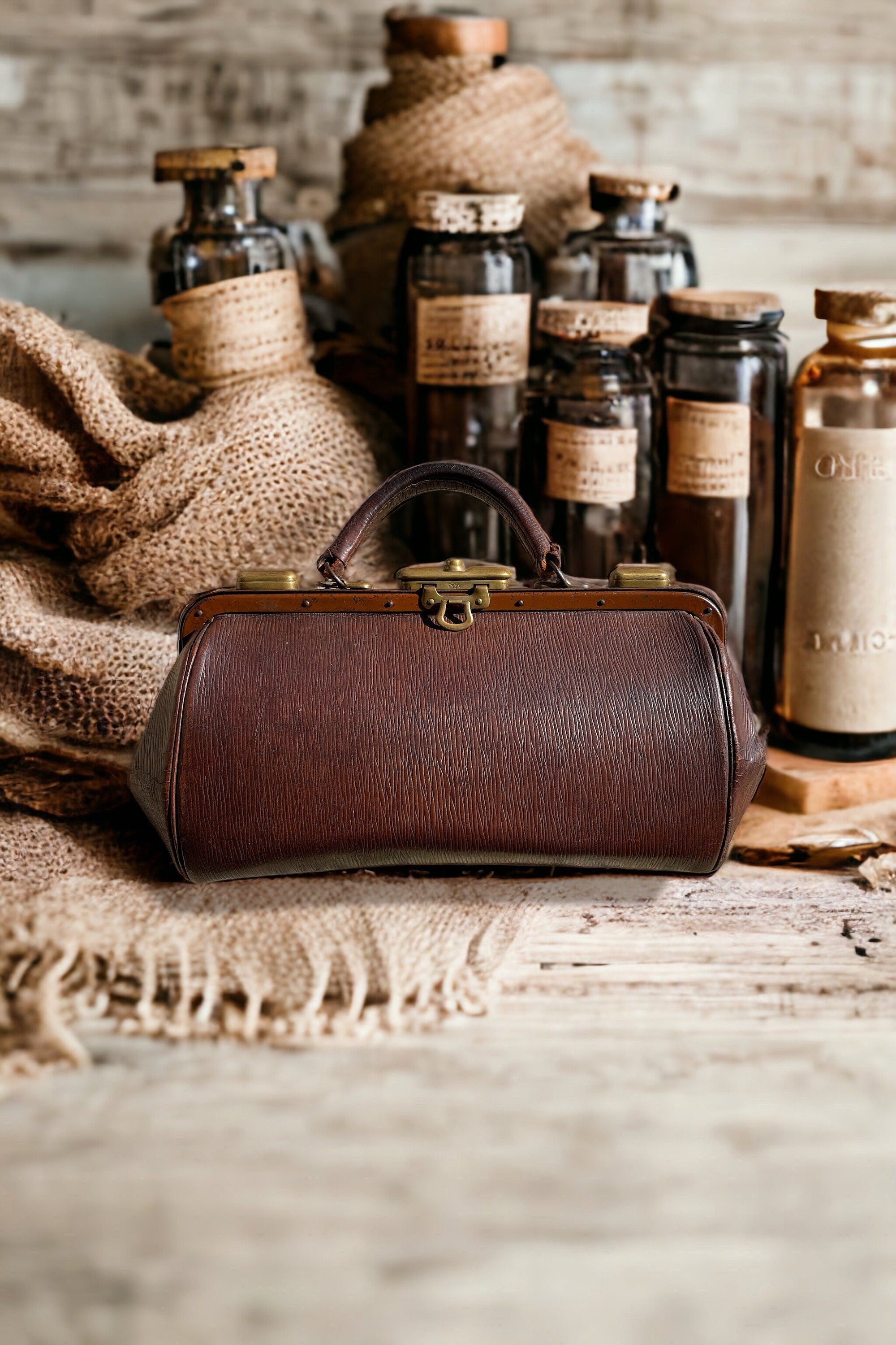 Brown Leather Doctor Bag Antique French Apothecary Bag Leather Docto Old World Farme House