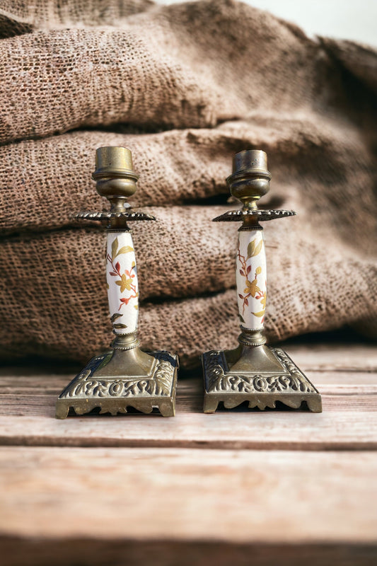 Pair Of Brass and Porcelain Candlesticks Holders, Vintage French Brass Floral Handpainted Porcelain Candlesticks Holders