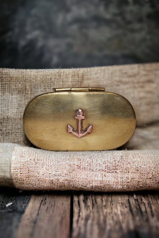 Antique French Brass Tobacco Box With Navy Anchor On The Lid, Antique French Brass Snuffbox Tobacco Box