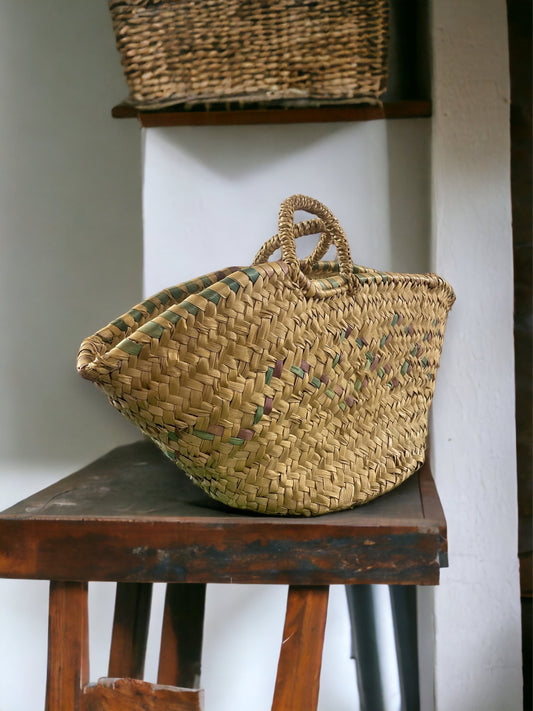 Vintage French Handwoven Straw Tote Market Basket, Farmhouse Straw Storage Basket, Farmhouse Straw Small Tote Bag