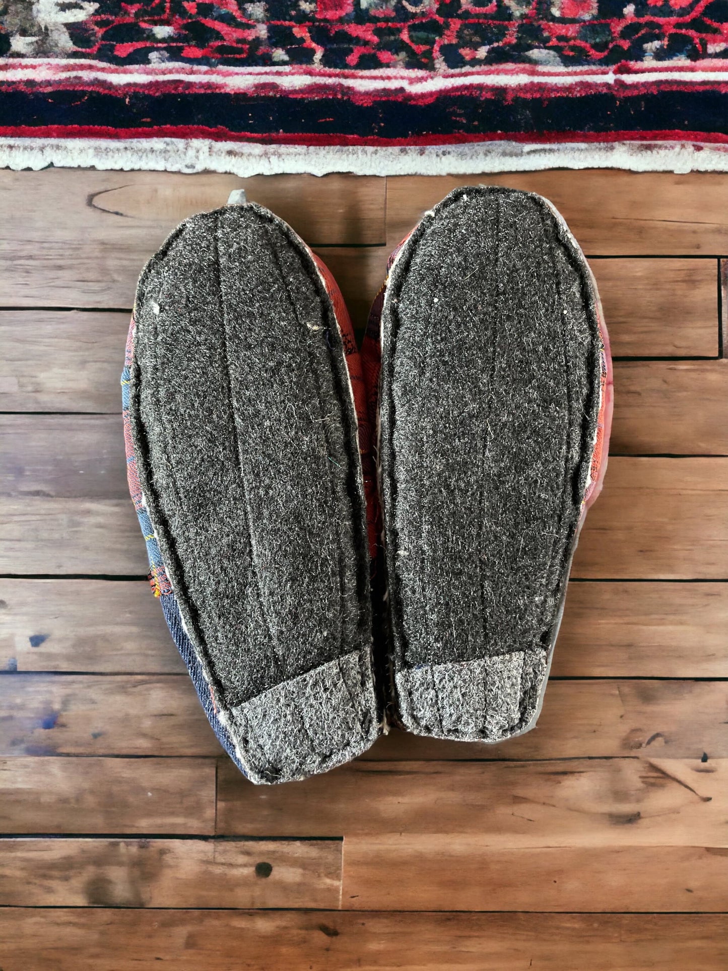 Handmade Red Plaid Wool Slippers, Unisex Recycled Fabric Slippers, Red Portuguese Plaid Slippers, Farmhouse Slippers