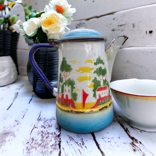 Vintage Hand Painted Portuguese GUERREIRO Enamel Coffee Pot, Old Colourful Farmhouse Decor, Enamelled Flower Vase