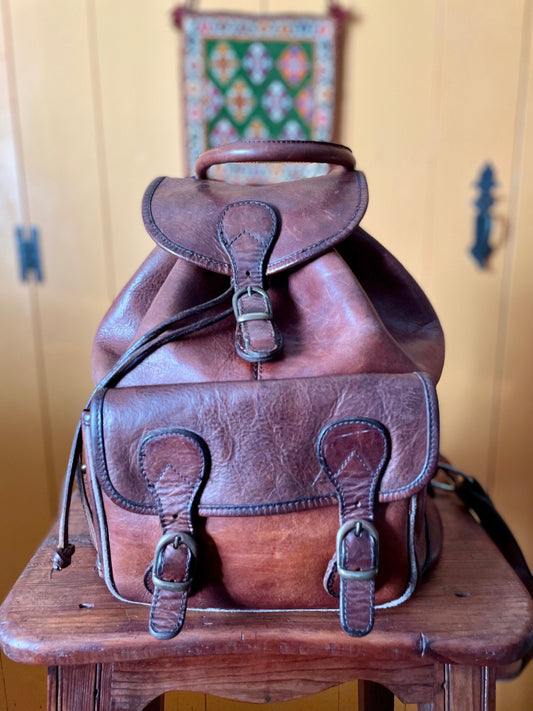 Saddle Leather Backpack, Vintage French Brown Leather Bag, Unisex Vegetable Tanned Leather Rucksack Backpack