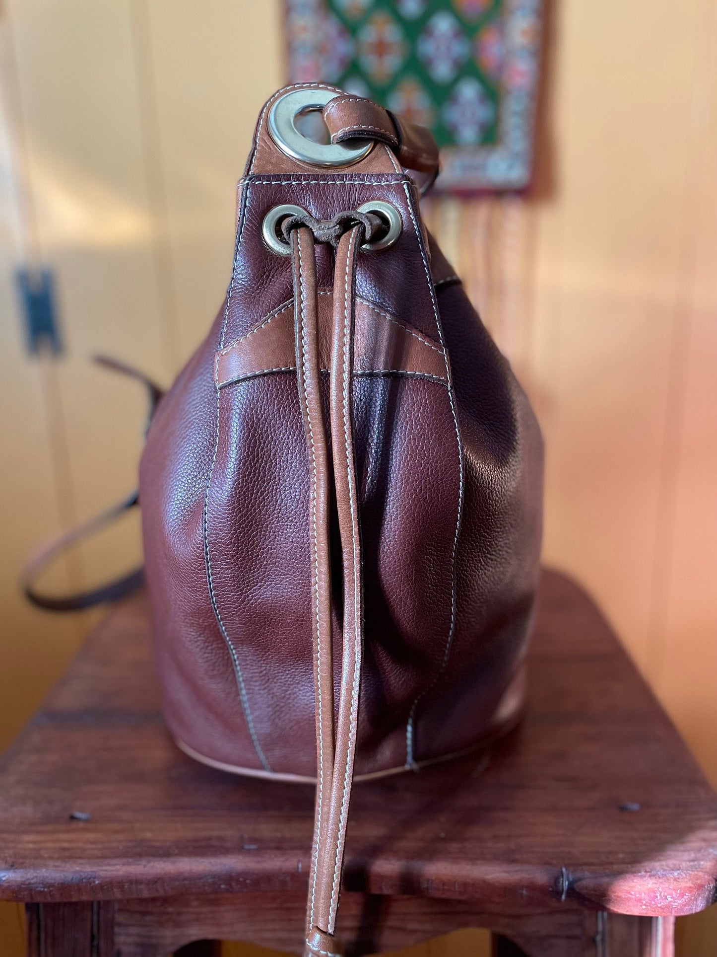 Vintage French Brown Leather Bucket Bag, Vintage Two Tone Brown Pebbled Leather Shoulder Bag With Brass Hardware, Sac Seau Fourre Tout