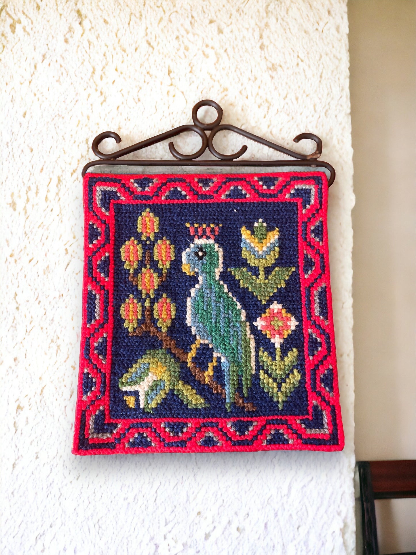 Red Embroidered Needlepoint Scandinavian Decorative Bird Tapestry, Bird Wall Hanging Swedish Folk Art Embroidery, Farmhouse Decor