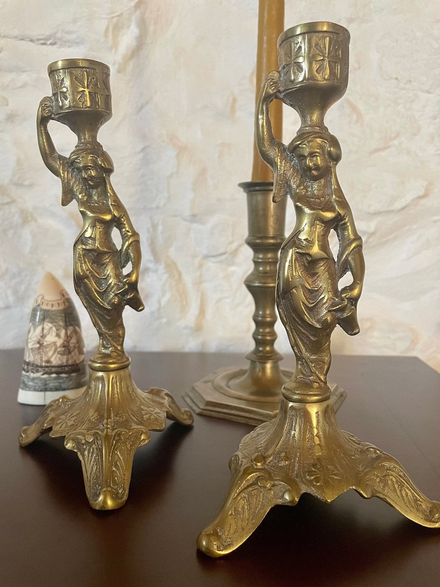 Antique French Pair Of Brass Candlesticks Holders, Old French Matching Pair Of Brass Candlesticks Holders