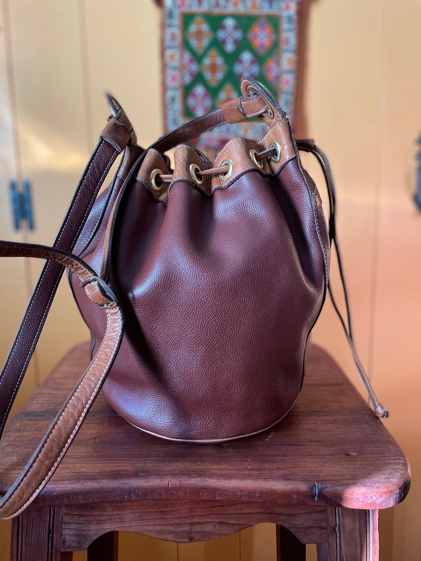 Vintage French Brown Leather Bucket Bag, Vintage Two Tone Brown Pebbled Leather Shoulder Bag With Brass Hardware, Sac Seau Fourre Tout