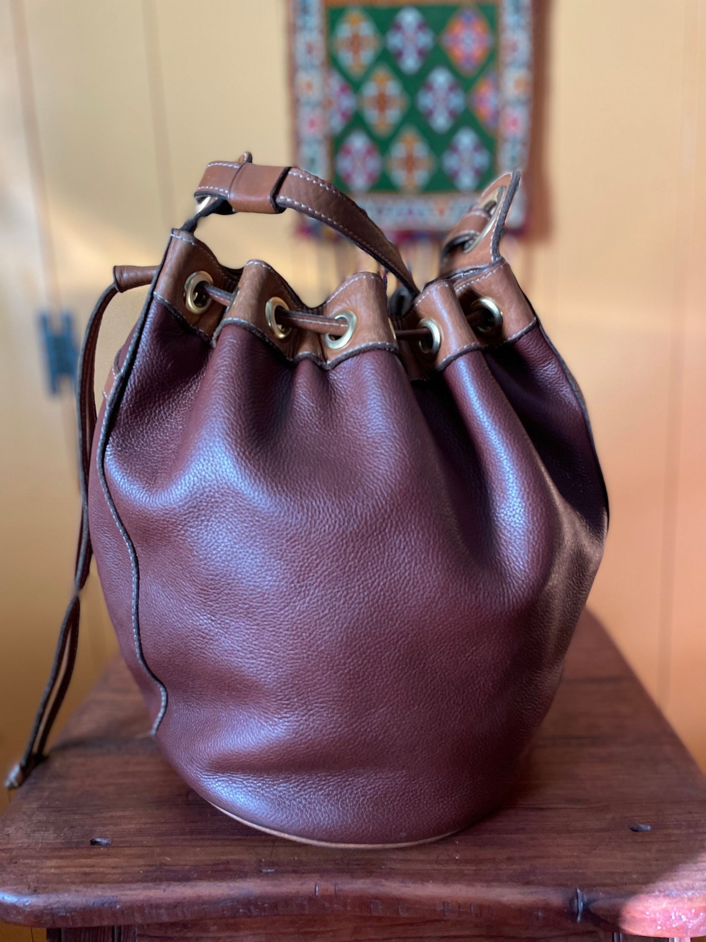 Vintage French Brown Leather Bucket Bag, Vintage Two Tone Brown Pebbled Leather Shoulder Bag With Brass Hardware, Sac Seau Fourre Tout