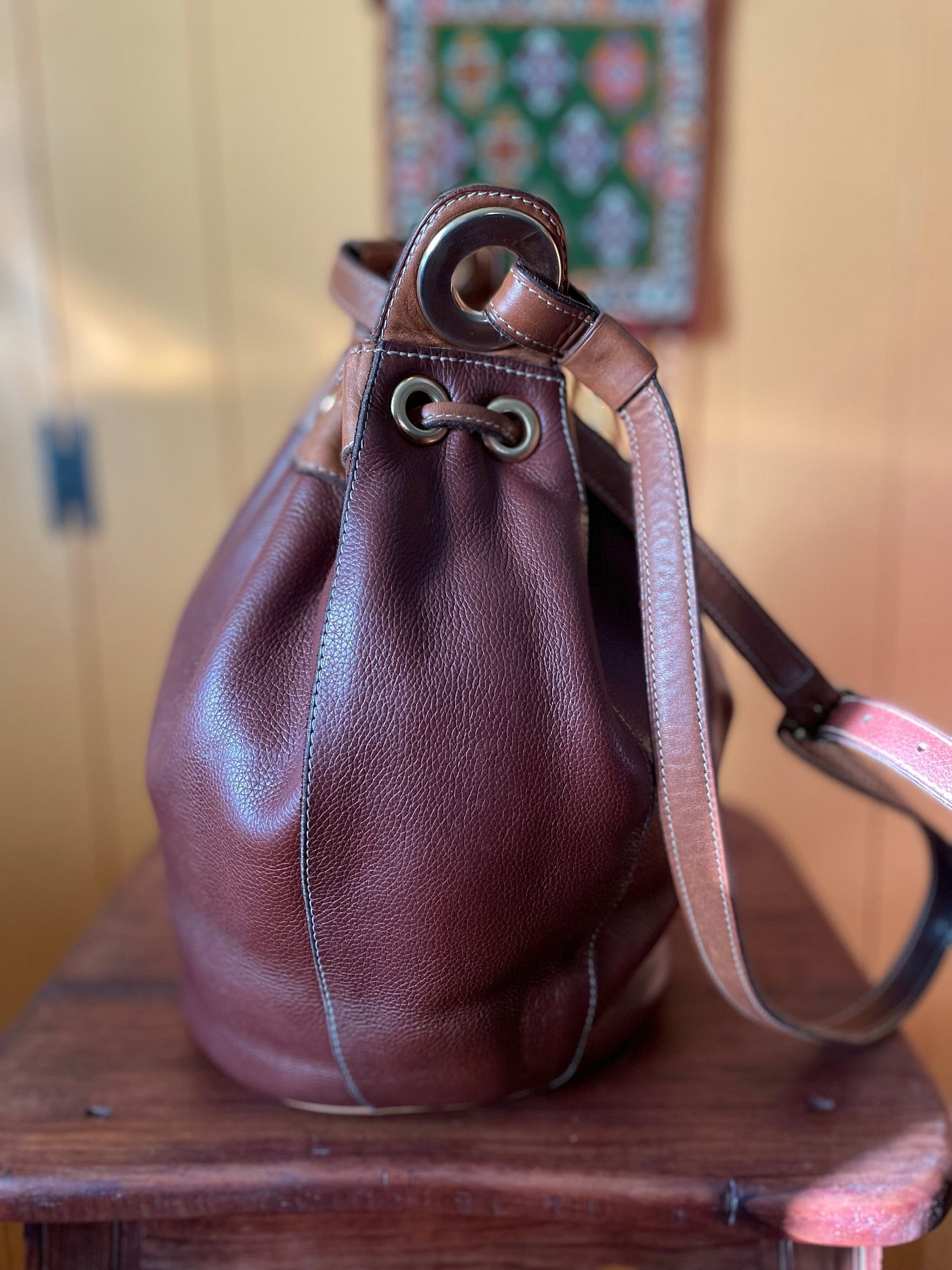 Vintage French Brown Leather Bucket Bag, Vintage Two Tone Brown Pebbled Leather Shoulder Bag With Brass Hardware, Sac Seau Fourre Tout