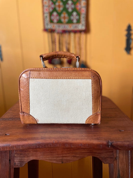 Vintage French Linen And Leather Suitcase Bag, Top Handle French Purse, Linen And Leather Small Suitcase, Doll Suitcase, Child Suitcase